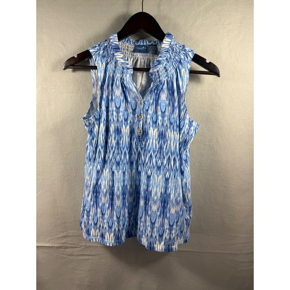 Caribbean Joe Blue White Ikat Sleeveless Smocked Neck Button Top Small